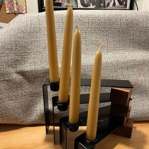 Modern Black Metal & Wood Taper Candle Holder with Mustard Tapers